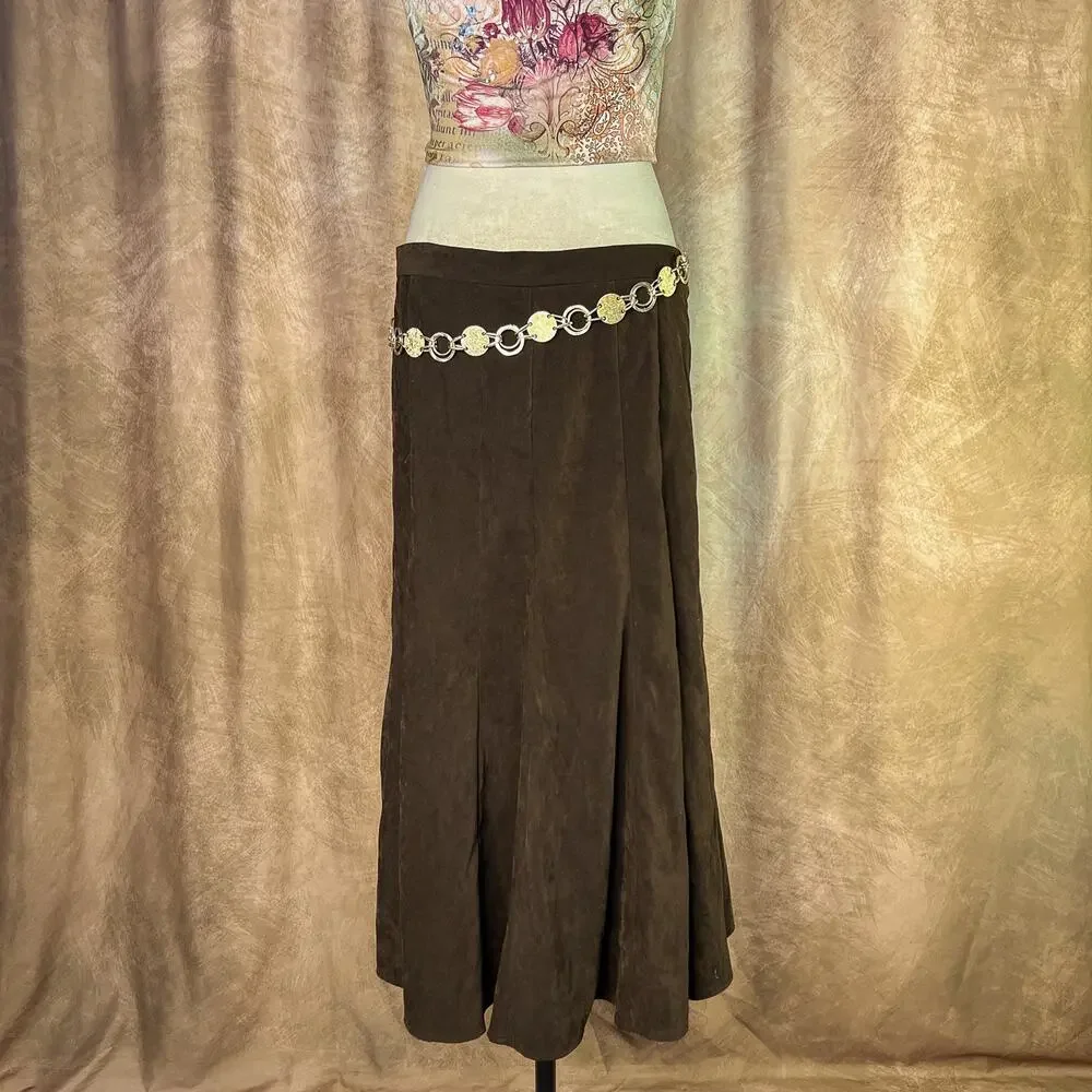 Vintage Y2K Maxi Skirt Faux Suede Flowy Brown Boho Whimsigoth Peasant 2000s Folk